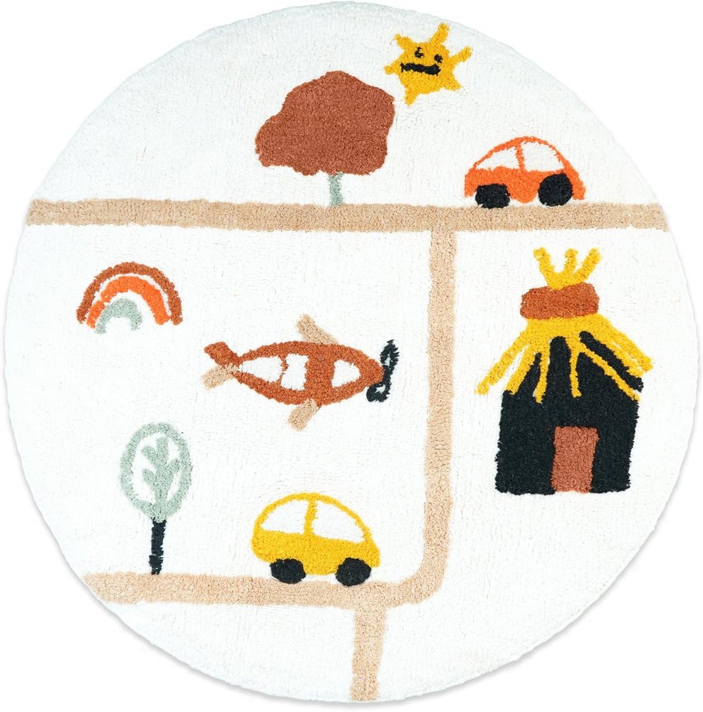 32" White Yellow And Red Cotton Cars Round Youthful Bath Rug. Bath rug isolated on a plain white background, finished in white cotton.
