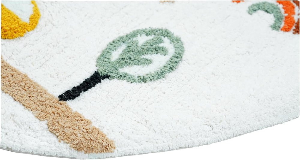 32" White Yellow And Red Cotton Cars Round Youthful Bath Rug. Bath rug isolated on a plain white background, in a white cotton finish.
