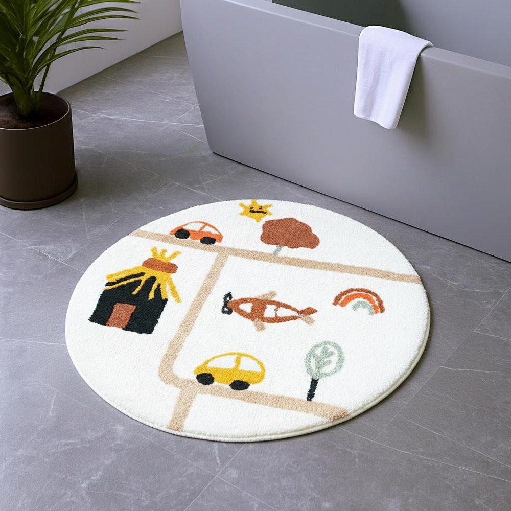 32" White Yellow And Red Cotton Cars Round Youthful Bath Rug shown outdoors on a tiled patio.
