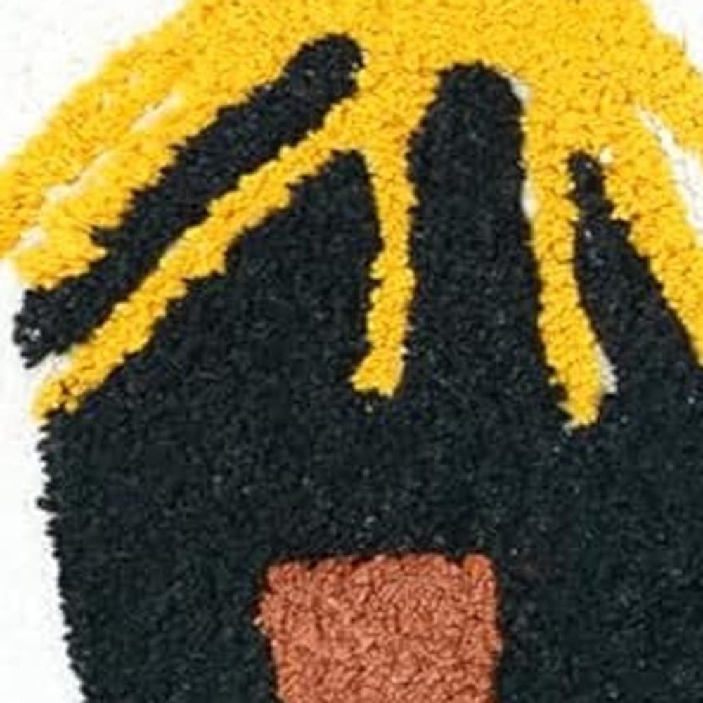 Cropped view of 32" White Yellow And Red Cotton Cars Round Youthful Bath Rug focusing on the yellow cotton surface.