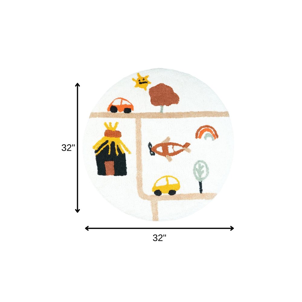 32" White Yellow And Red Cotton Cars Round Youthful Bath Rug. Bath rug isolated on a plain white background, in a white cotton finish.