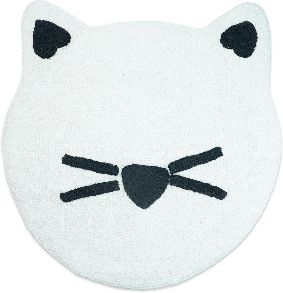 32" Black And White Cotton Cat Shaped Youthful Bath Rug. Bath rug isolated on a plain white background, in a white cotton finish.