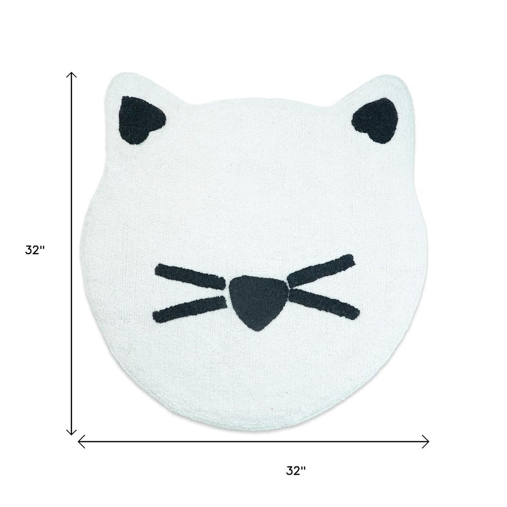 32" Black And White Cotton Cat Shaped Youthful Bath Rug. Bath rug isolated on a plain white background, showing a white cotton surface.