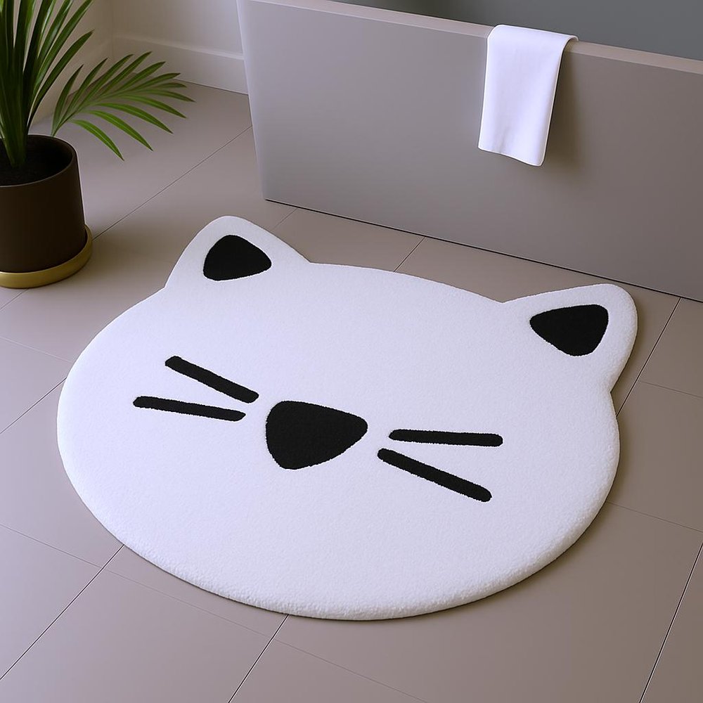32" Black And White Cotton Cat Shaped Youthful Bath Rug laid on a tiled floor in a furnished interior.