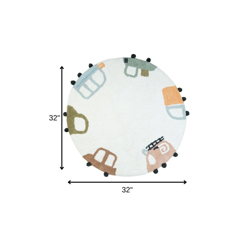 32" Blue Green And White Cotton Cars Round Youthful Bath Rug. Bath rug isolated on a plain white background, finished in white cotton.