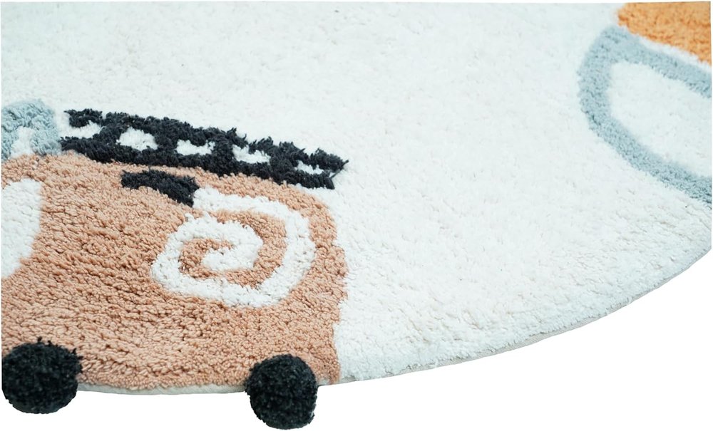 32" Blue Green And White Cotton Cars Round Youthful Bath Rug. Bath rug in white cotton.