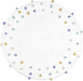 White round bath rug with scattered pastel polka dots and pom-poms.