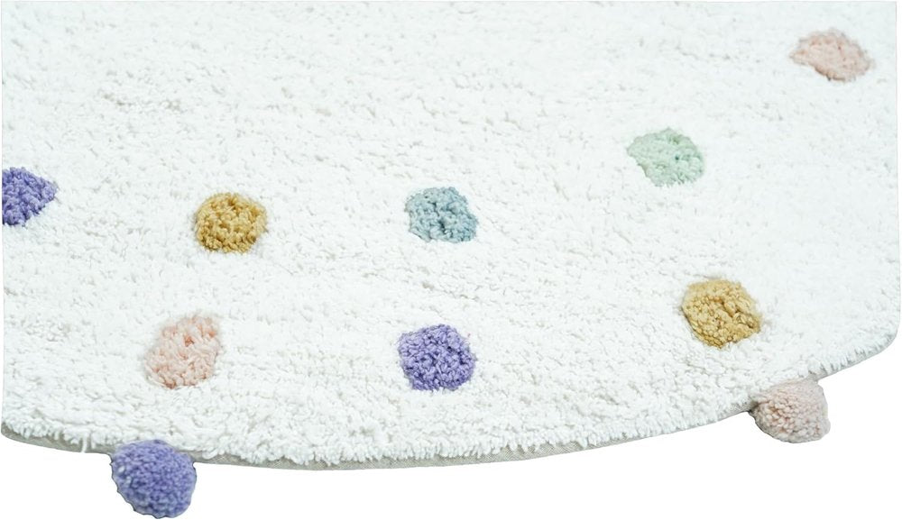 32" Green Purple And White Cotton Round Polka Dots Bath Rug. Bath rug isolated on a plain white background, finished in white cotton.