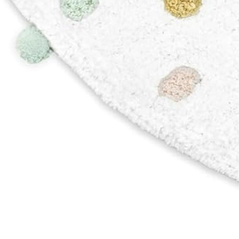 32" Green Purple And White Cotton Round Polka Dots Bath Rug. Bath rug isolated on a plain white background, in a white cotton finish.