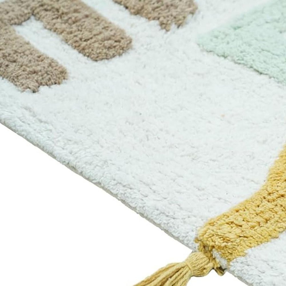 32" Blue White And Yellow Cotton Hello Lovely Youthful Bath Rug. Bath rug in white cotton.