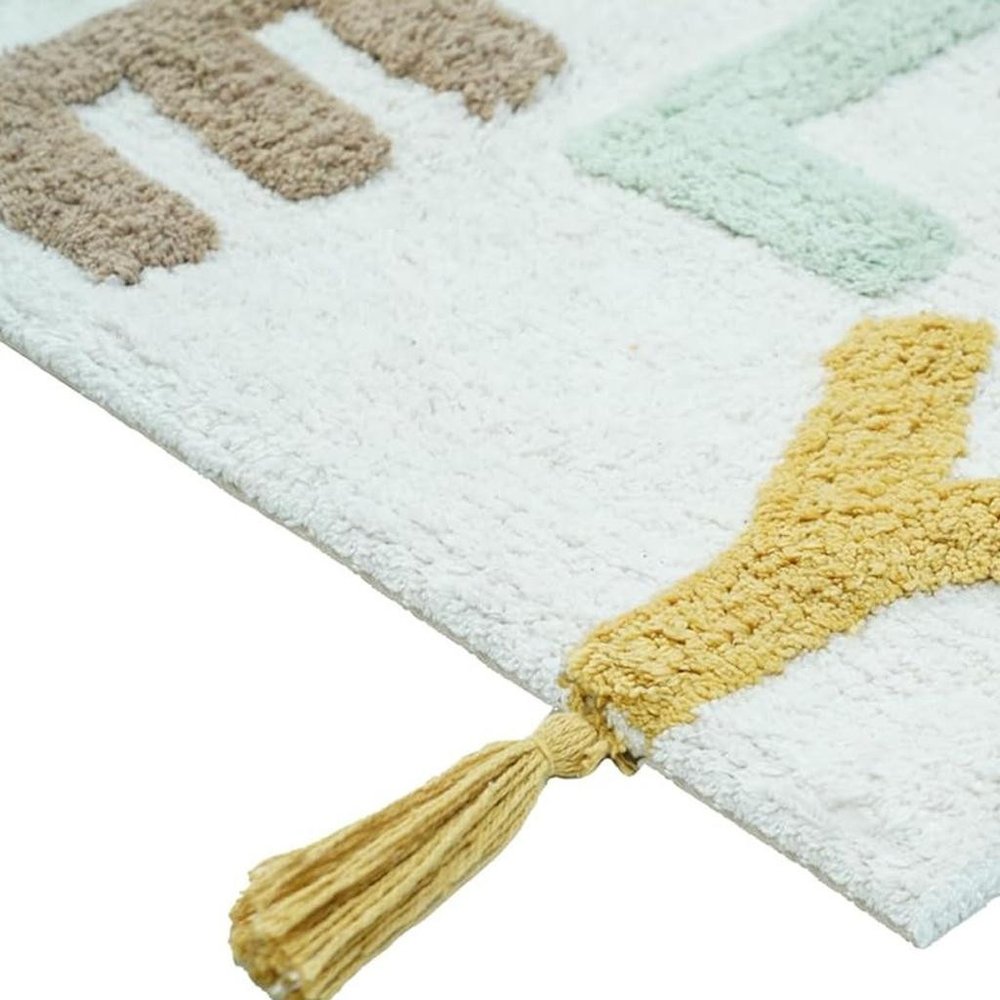 32" Blue White And Yellow Cotton Hello Lovely Youthful Bath Rug. Bath rug in white cotton.