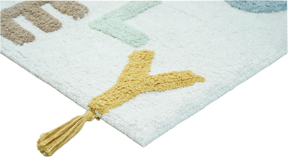 32" Blue White And Yellow Cotton Hello Lovely Youthful Bath Rug. Bath rug isolated on a plain white background, in a white cotton finish.