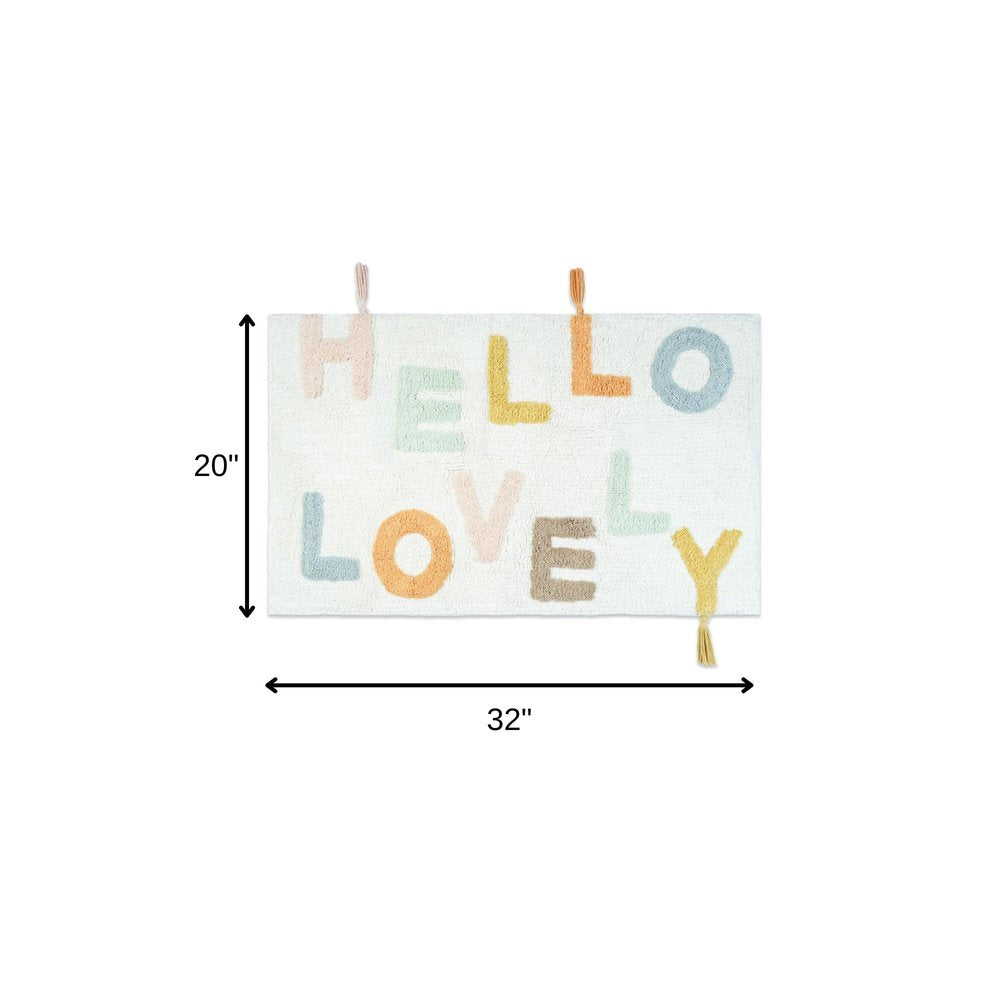32" Blue White And Yellow Cotton Hello Lovely Youthful Bath Rug. Bath rug isolated on a plain white background, finished in white cotton.