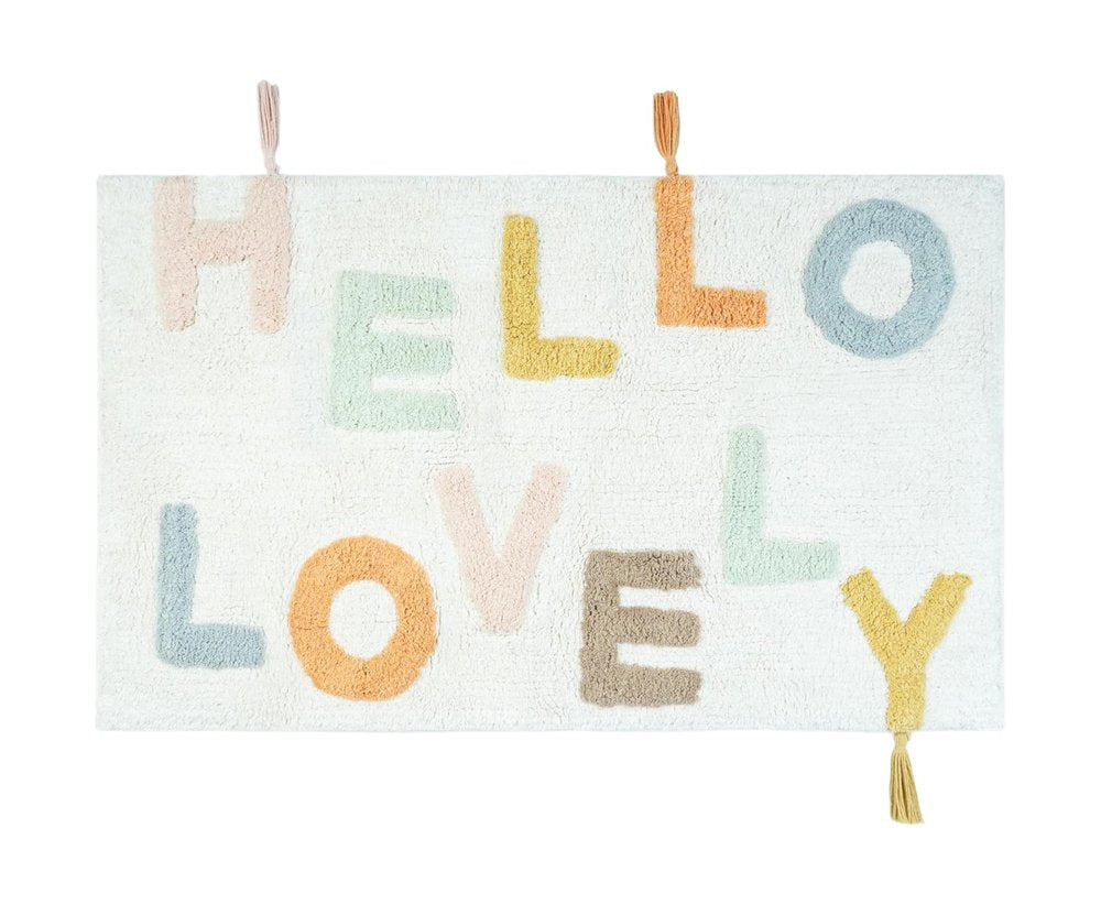 32" Blue White And Yellow Cotton Hello Lovely Youthful Bath Rug. Bath rug isolated on a plain white background, showing a white cotton surface.