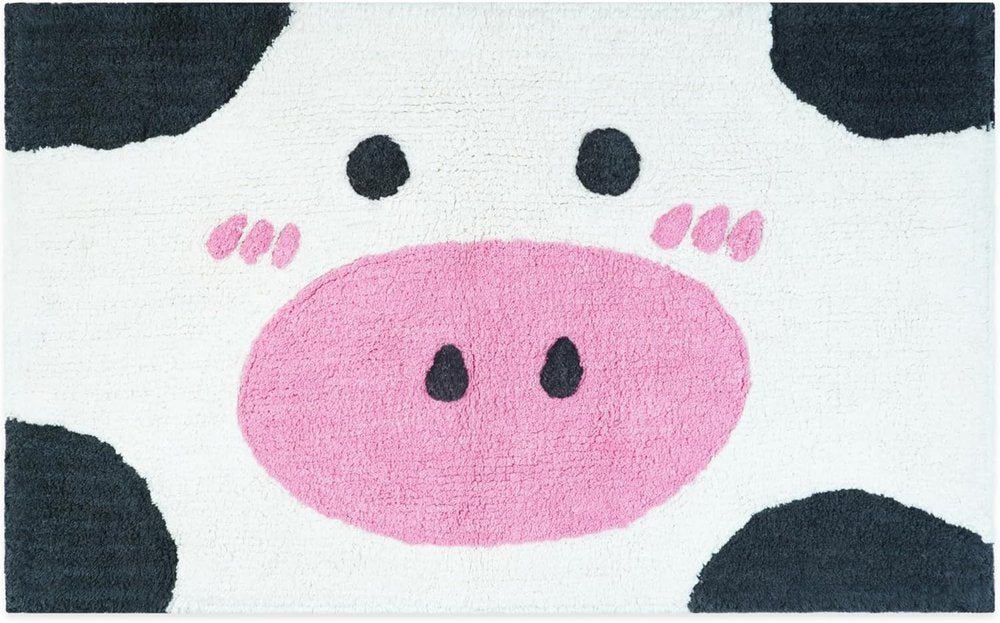 32" White Black And Pink Cotton Cow Youthful Bath Rug. Bath rug isolated on a plain white background, in a black cotton finish.