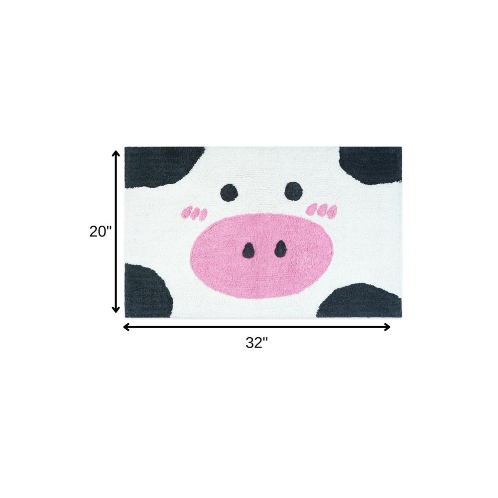 32" White Black And Pink Cotton Cow Youthful Bath Rug. Bath rug isolated on a plain white background, in a black cotton finish.
