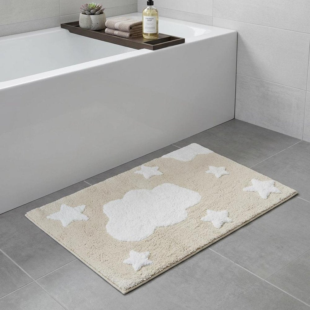 32" White And Beige Cotton Clouds and Stars Youthful Bath Rug. Bath rug isolated on a plain white background, in a beige cotton finish.