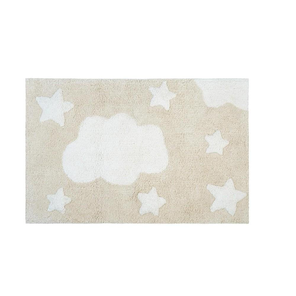 32" White And Beige Cotton Clouds and Stars Youthful Bath Rug. Bath rug isolated on a plain white background, finished in beige cotton.
