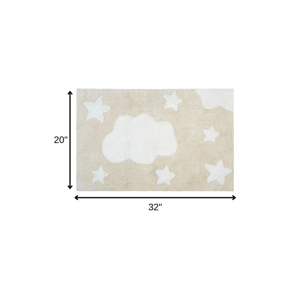 32" White And Beige Cotton Clouds and Stars Youthful Bath Rug. Bath rug isolated on a plain white background, finished in beige cotton.
