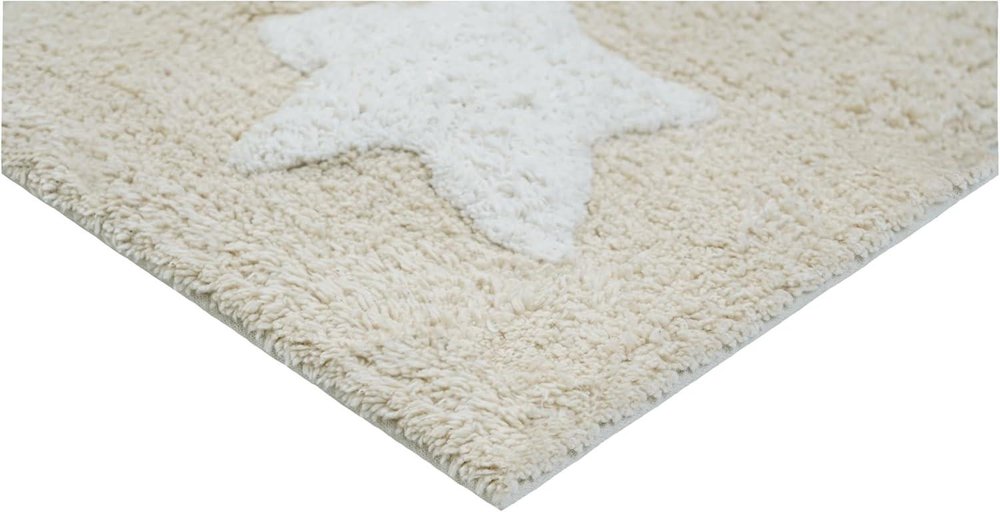 32" White And Beige Cotton Clouds and Stars Youthful Bath Rug. Bath rug isolated on a plain white background, showing a beige cotton surface.
