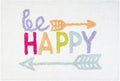 32" White Purple And Green Cotton Be Happy Youthful Bath Rug. Bath rug isolated on a plain white background, finished in white cotton.