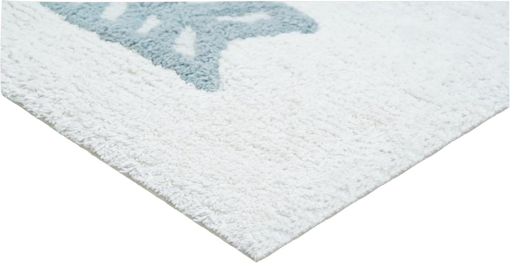 32" White Purple And Green Cotton Be Happy Youthful Bath Rug. Bath rug isolated on a plain white background, showing a white cotton surface.