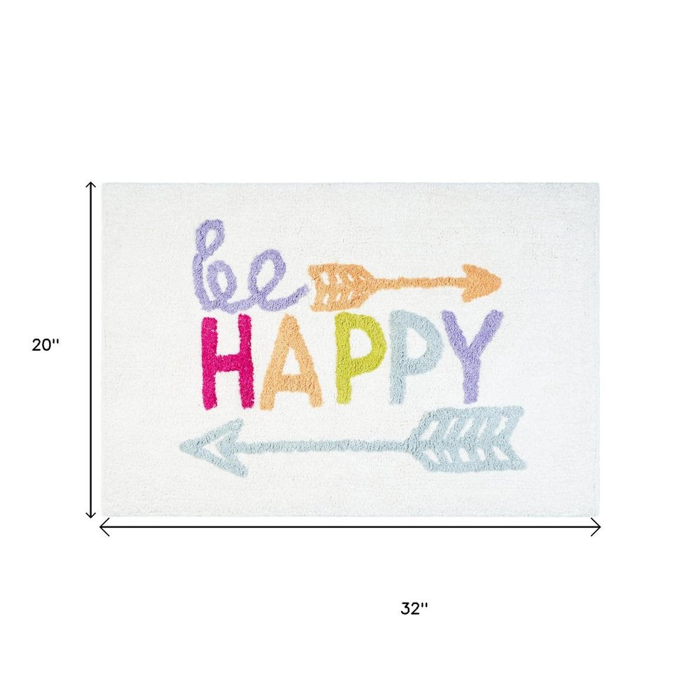 32" White Purple And Green Cotton Be Happy Youthful Bath Rug. Bath rug isolated on a plain white background, in a white cotton finish.