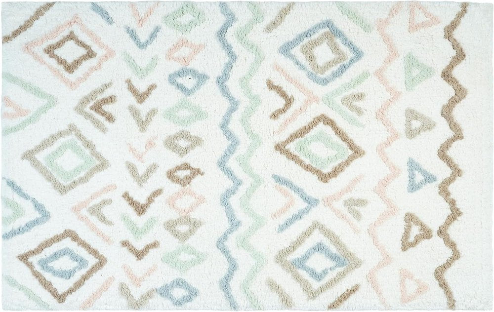 32" Blue Brown And White Cotton Geometric Bath Rug. Bath rug isolated on a plain white background, finished in white cotton.