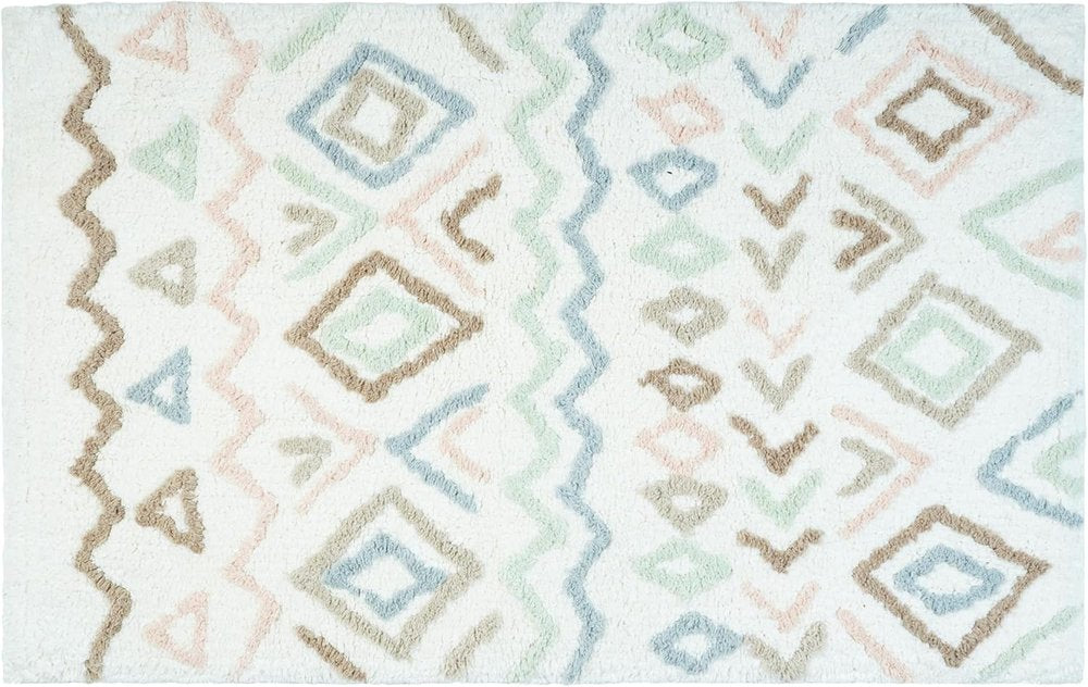 32" Blue Brown And White Cotton Geometric Bath Rug. Bath rug isolated on a plain white background, finished in white cotton.