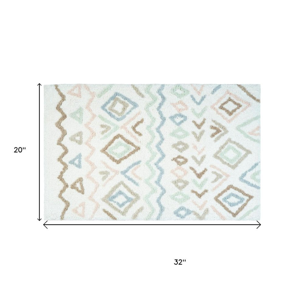 32" Blue Brown And White Cotton Geometric Bath Rug. Bath rug isolated on a plain white background, in a white cotton finish.