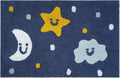 A navy blue bath rug with a white crescent moon, yellow star, and light blue cloud, all with smiling faces, and scattered white, yellow, and gray dots.