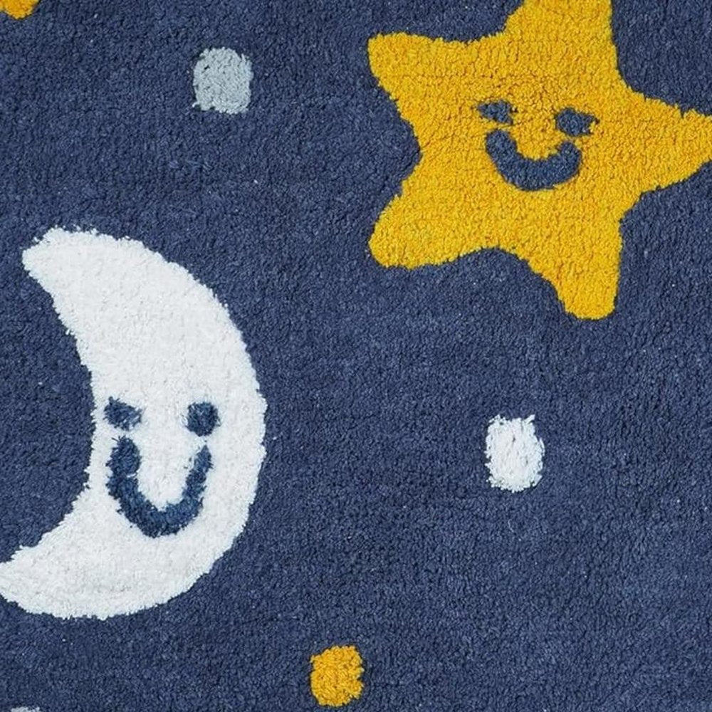 32" White Blue And Yellow Cotton Clouds and Stars Youthful Bath Rug shown as a full-frame view of the navy and gold surface.