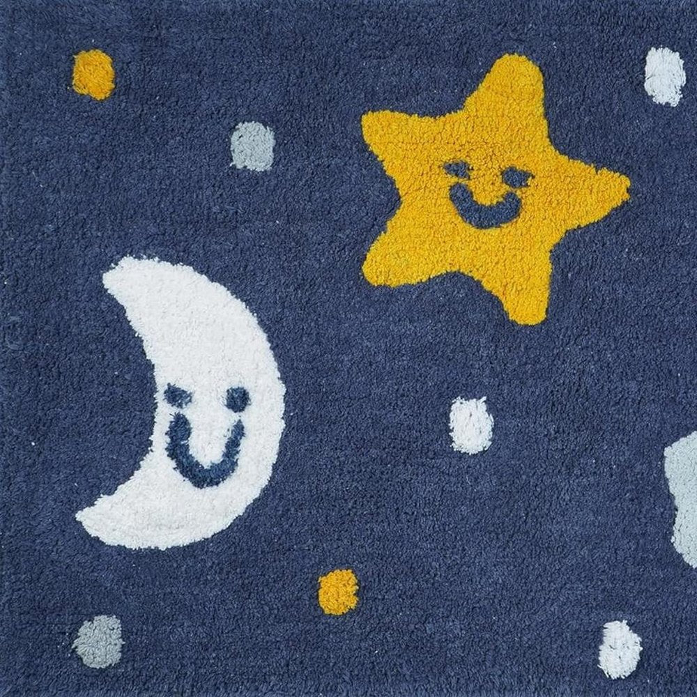32" White Blue And Yellow Cotton Clouds and Stars Youthful Bath Rug shown as a full-frame view of the navy and gold surface.