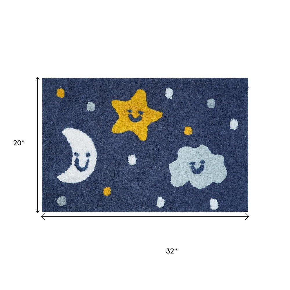 32" White Blue And Yellow Cotton Clouds and Stars Youthful Bath Rug. Bath rug isolated on a plain white background, finished in white cotton.