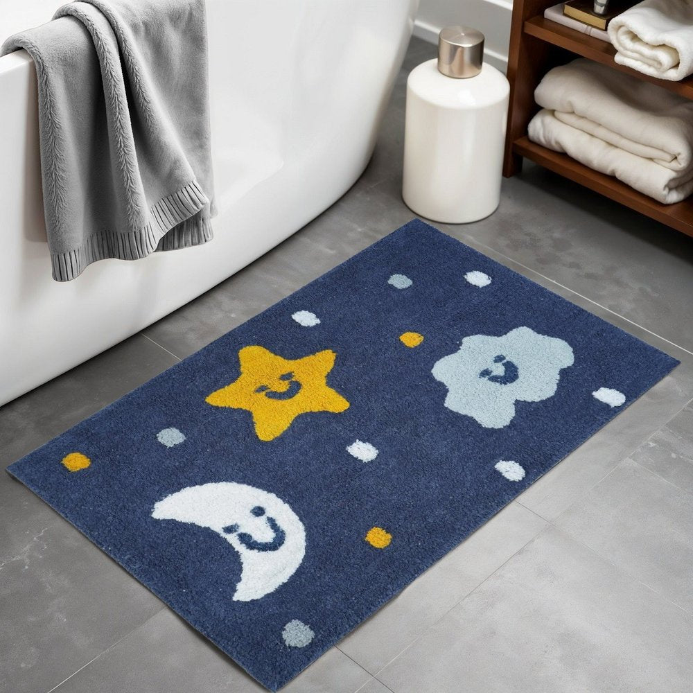 32" White Blue And Yellow Cotton Clouds and Stars Youthful Bath Rug laid on a tiled floor in a furnished interior.