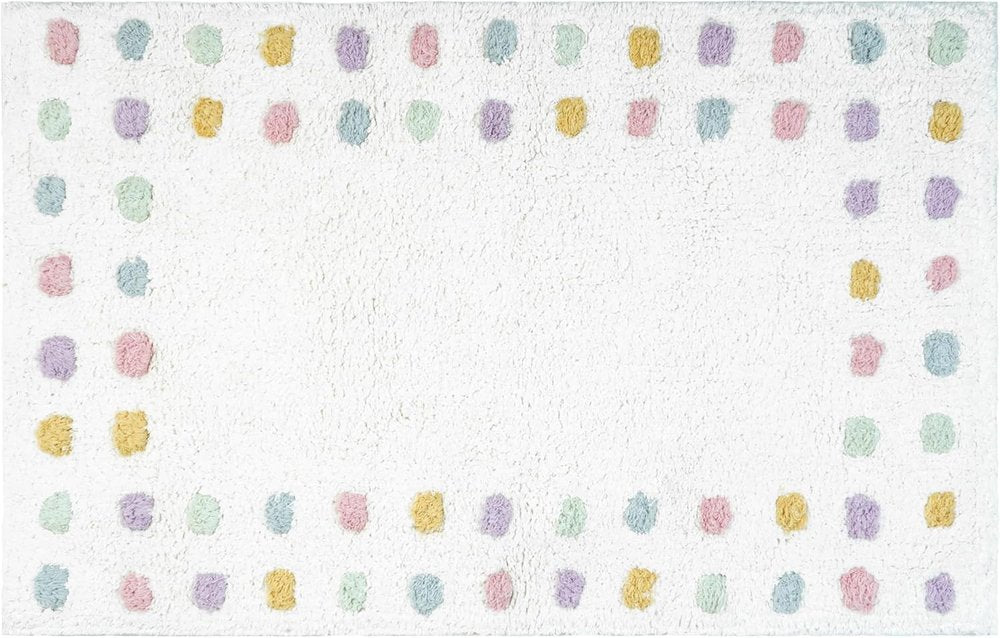32" White Purple And Pink Cotton Polka Dots Bath Rug. Bath rug isolated on a plain white background, showing a white cotton surface.