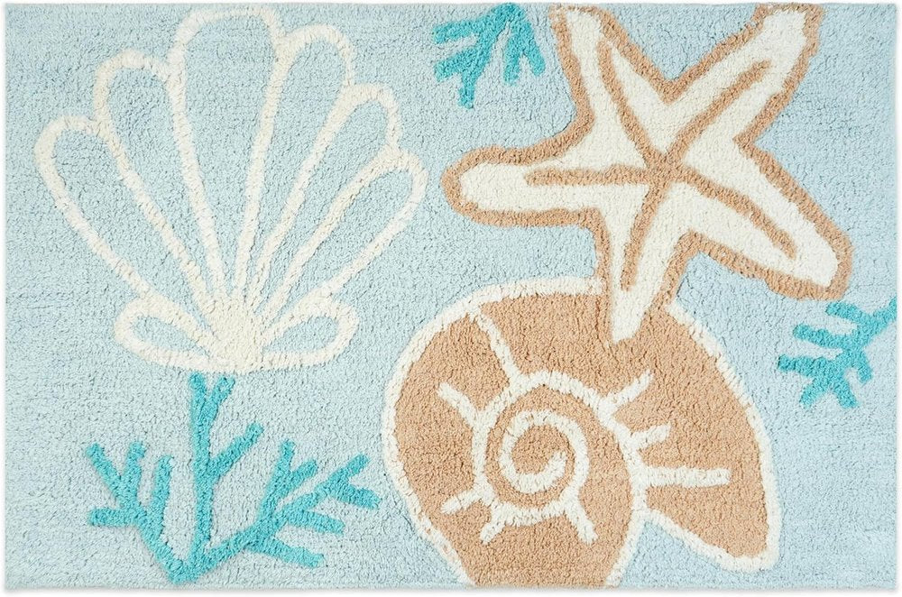 32" Blue Tan And White Cotton Seashells And Coral Bath Rug. Bath rug isolated on a plain white background, in a white cotton finish.