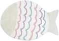 A white, fish-shaped bath rug with wavy pink, purple, and blue stripes.