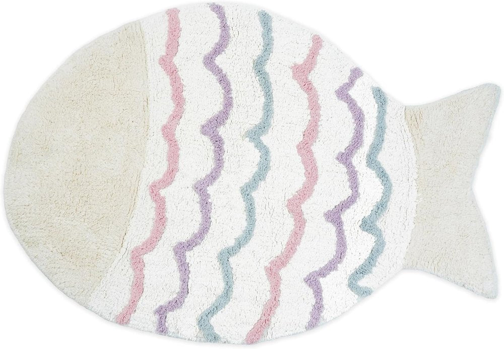 A white, fish-shaped bath rug with wavy pink, purple, and blue stripes.