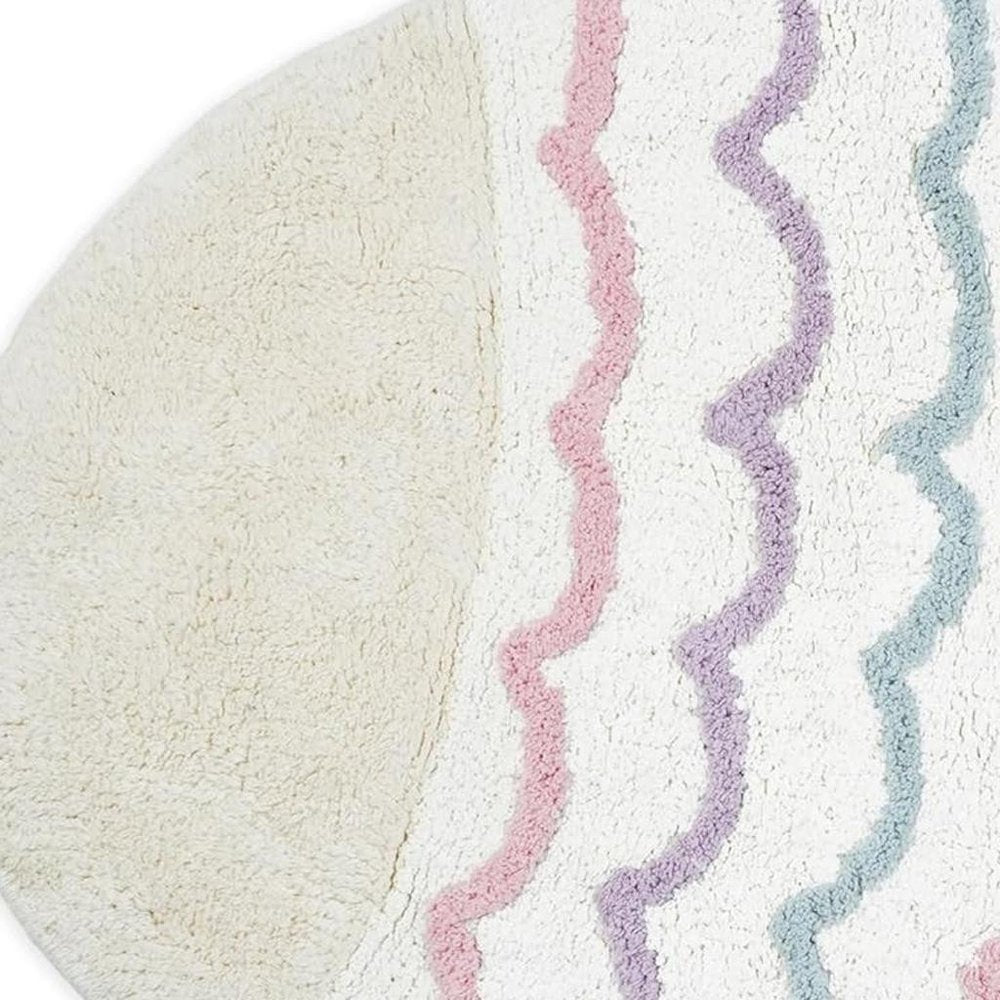32" White Pink And Purple Cotton Fish Shaped Youthful Bath Rug. Bath rug isolated on a plain white background, showing a white cotton surface.