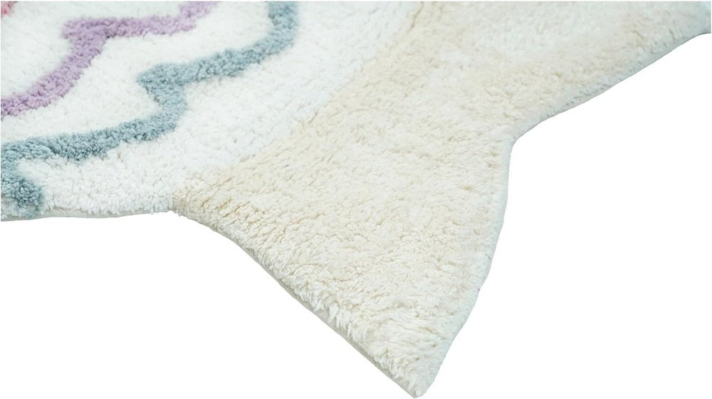 32" White Pink And Purple Cotton Fish Shaped Youthful Bath Rug. Bath rug isolated on a plain white background, finished in white cotton.