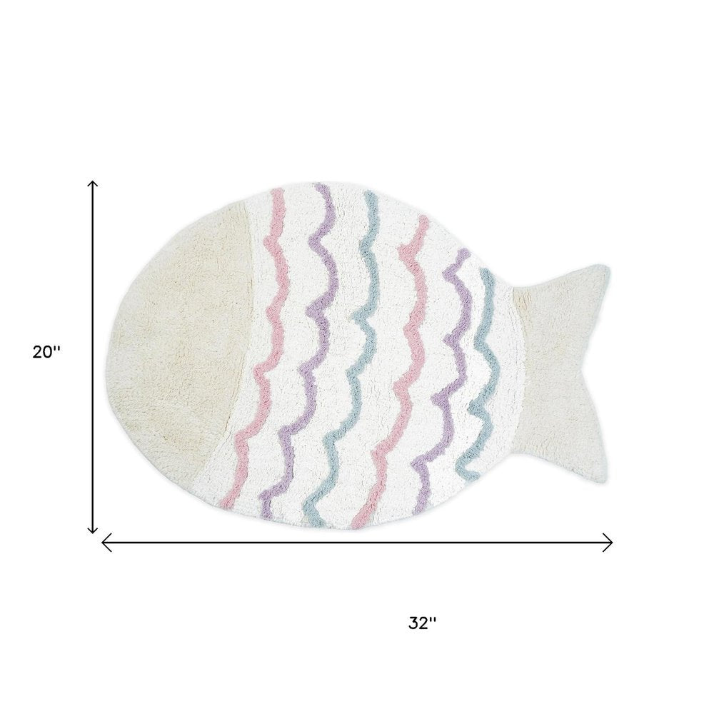 32" White Pink And Purple Cotton Fish Shaped Youthful Bath Rug. Bath rug isolated on a plain white background, finished in white cotton.