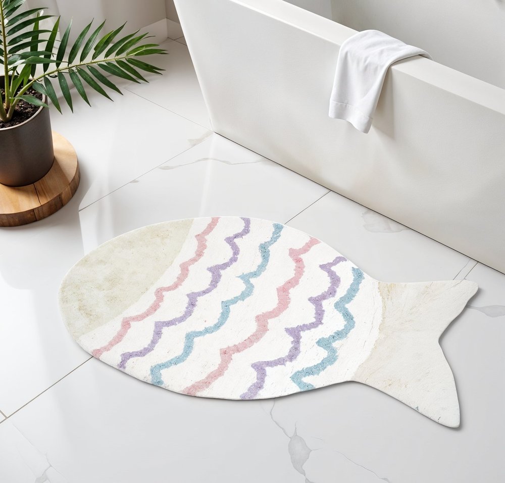 32" White Pink And Purple Cotton Fish Shaped Youthful Bath Rug. Bath rug in white cotton.