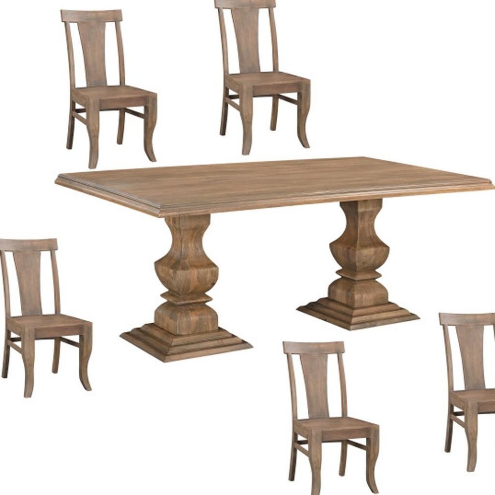 Seven Piece Brown Solid Wood Dining Set with Six Chairs on a white background