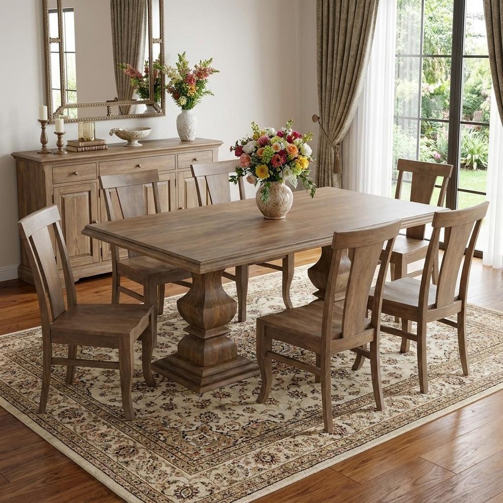 Seven Piece Brown Solid Wood Dining Set with Six Chairs in a home interior