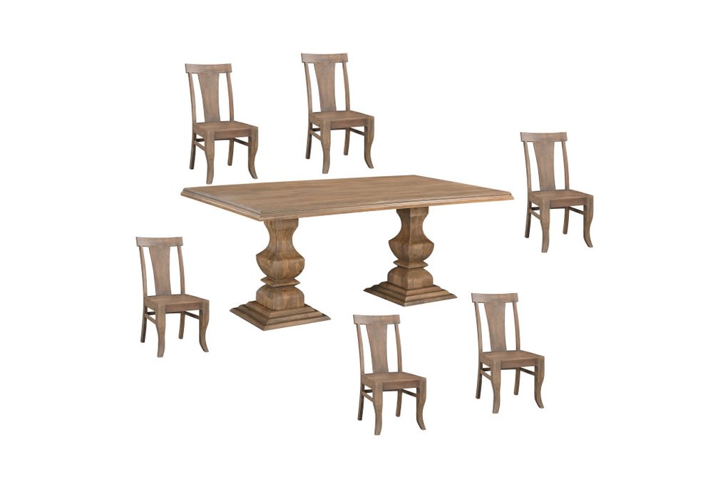 A seven-piece dining set with a rectangular brown solid wood table and six matching chairs on a white background.