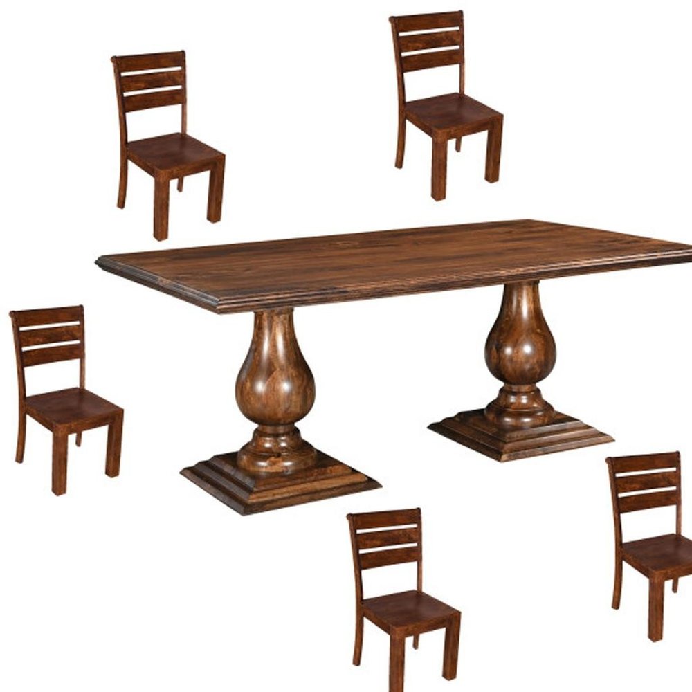 Seven Piece Brown Solid Wood Dining Set with Six Chairs - 30" H x 75" W x 42" D on a white background