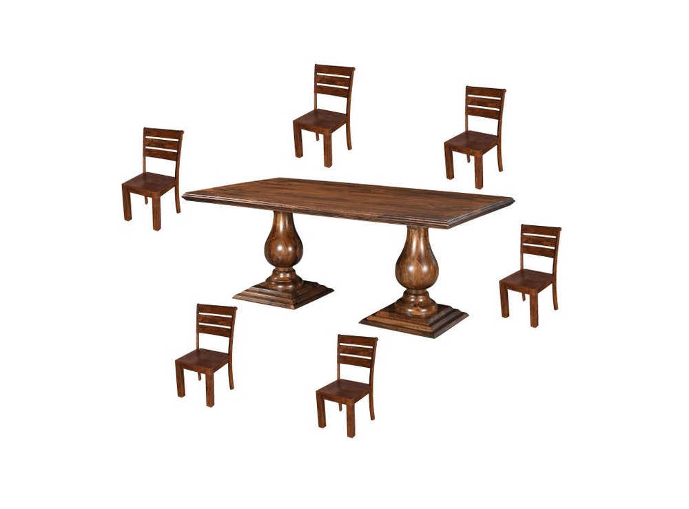 Seven Piece Brown Solid Wood Dining Set with Six Chairs - 30" H x 75" W x 42" D on a white background