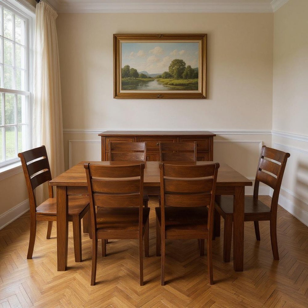 Seven Piece Brown Solid Wood Dining Set with Six Chairs - 30" H x 75" W x 42" D in a home interior