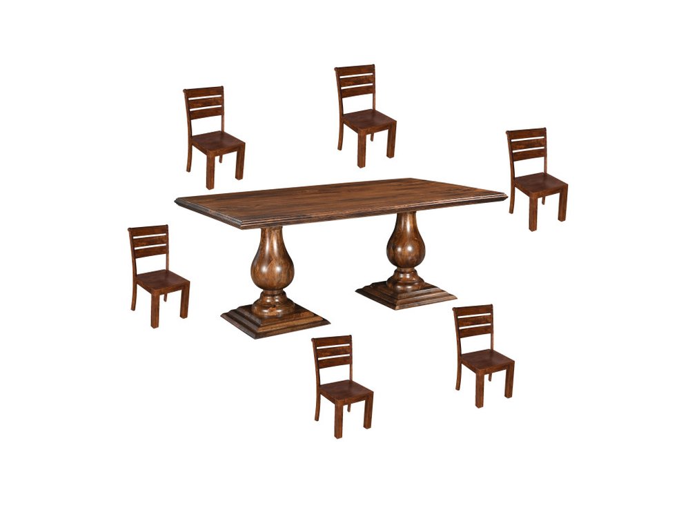 Seven Piece Brown Solid Wood Dining Set with Six Chairs - 30" H x 75" W x 42" D on a white background